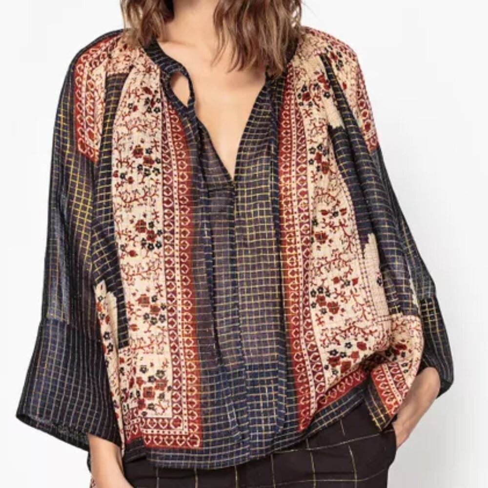 Mes Demoiselles Multicolor Printed Silk Tunic - Navy, Cream, Rust, O/S